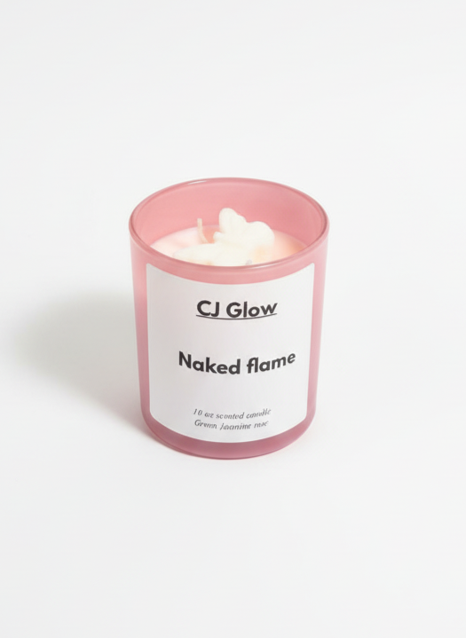 Candle with pink holder and white label on a white background